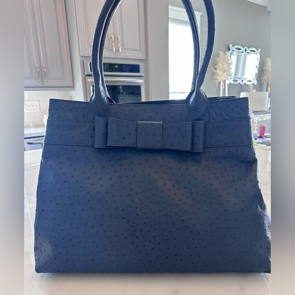 Authentic Large Kate Spade Faux Ostrich Handbag—Navy Blue